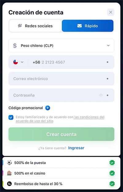 Formulario de creación de cuenta en 1win
